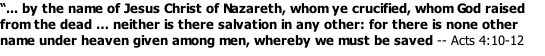 “... by the name of Jesus Christ of Nazareth, whom ye crucified, whom God raised from the dead … neither is there salvation in any other: for there is none other name under heaven given among men, whereby we must be saved -- Acts 4:10-12